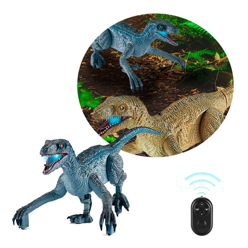 Dinosaurio Juguete Control Remoto Camina Luz Sonidos Rugido Personaje Velociraptor Azul
