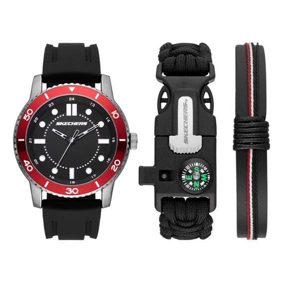 Reloj Deportivo Hombre Skechers Sr9071 Correa Negro Bisel Rojo Fondo Negro