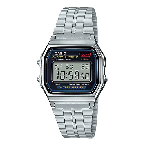 Reloj pulsera Casio A-159 Unixes cuerpo color plateado, digital, fondo gris, con correa de acero inoxidable color plateado, dial negro, minutero/segundero negro, hebilla de gancho