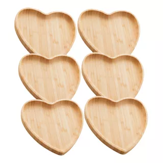 Kit 6 Bandejas Petisqueira De Bambu Heart Coração 17cm