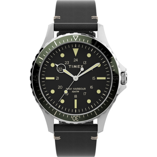 Reloj Timex Hombre Tw2v45300 Cuero Negro Navi Harbour Wr100m Color del bisel Verde oscuro
