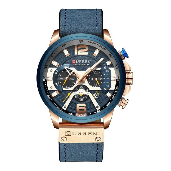 Reloj pulsera Curren 8329 con correa de cuero color azul - bisel azul/gris/negro