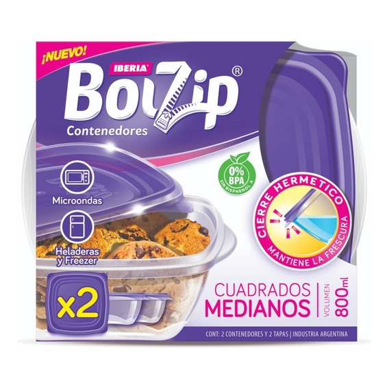 Contenedores Cuadrados Medianos 800ml Bolzip X2und