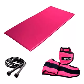 Kit Treino Em Casa Colchonete Rosa + Corda + Caneleira 2 Kg