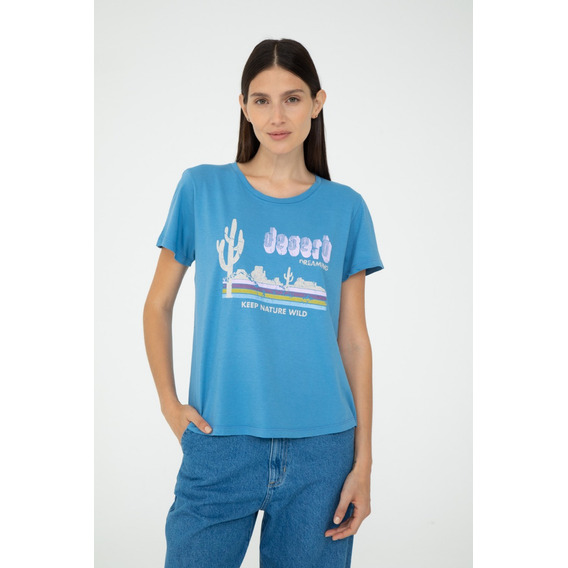 Remera Regular Manga Corta Algodon Azul Mujer Portsaid