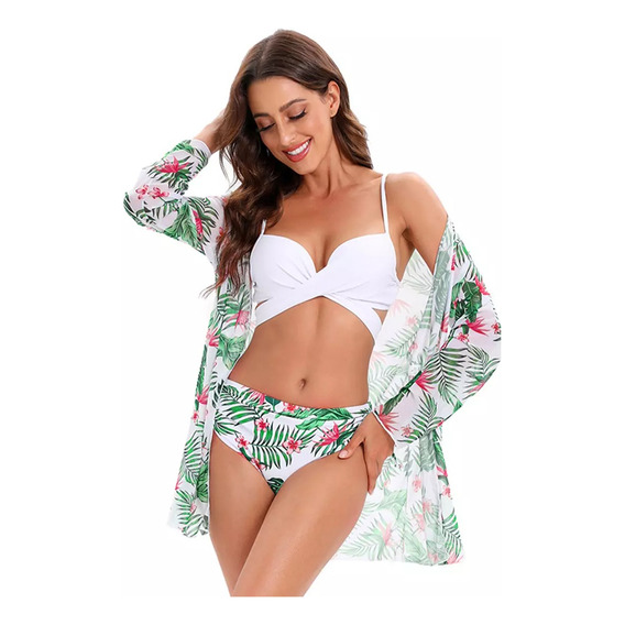 Traje De Baño Juego De Bikini Con Abrigo 3 Piezas,floral