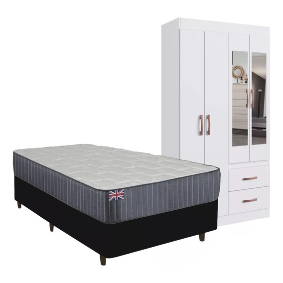 Combo Dormitorio Sommier 1 Plaza Ropero Armario Con Espejos