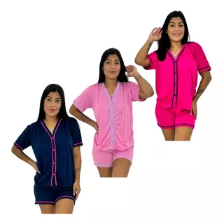 Kit 3 Pijama Americano Blogueirinha Short Doll Aberto Botão