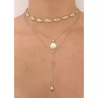 Colar Triplo Choker Búzio Com Pingente Concha Folheado Ouro.