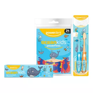 Kit Infantil Ocean Kids Powerdent Creme Dental + Esc +floss
