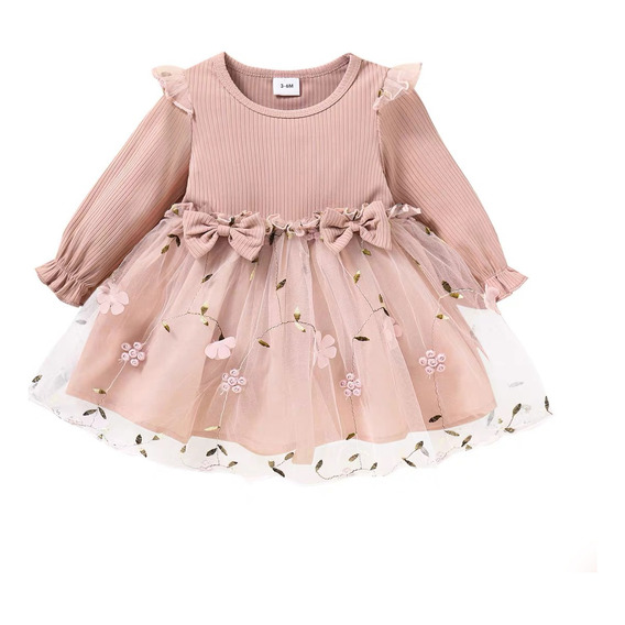 Vestido De Lazo De Malla Con Decoración Floral Para Niñas