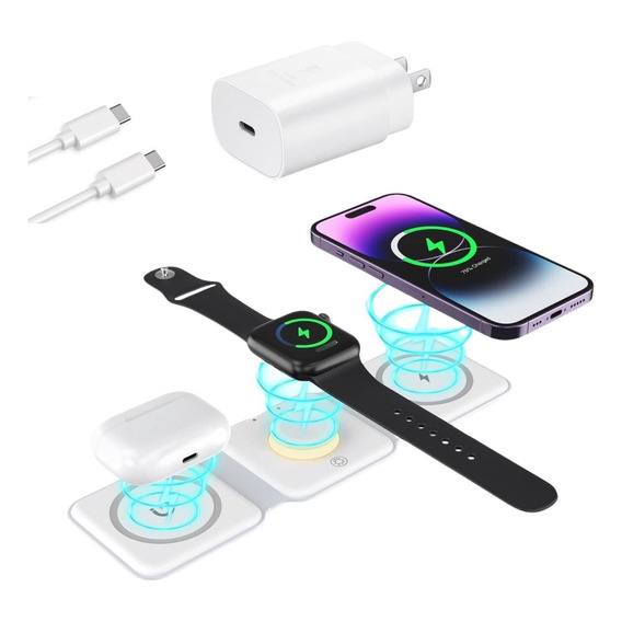 Cargador 3 En 1 Magnetico Inalámbrico + Cubo 25w Para iPhone Color Blanco