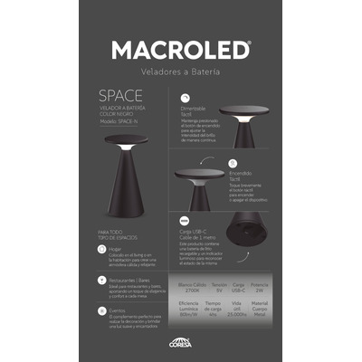 Velador De Mesa Space Negro Inalámbrica Led Mc