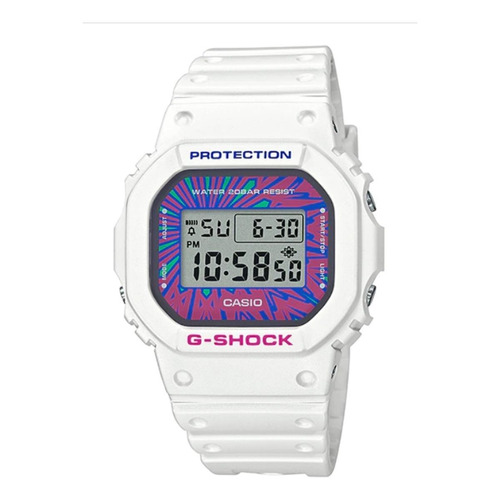 Reloj pulsera digital Casio DW5600 con correa de resina color blanco - fondo gris - bisel blanco/fucsia/azul
