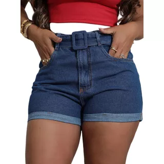 Short Jeans Feminino Com Cinto Fivela Forrada Barra Dobrada