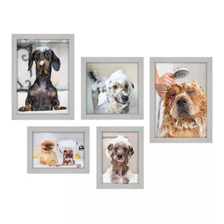 Kit Com 5 Quadros Decorativos - Pet Shop Cachorros Banho Cor Moldura Branca