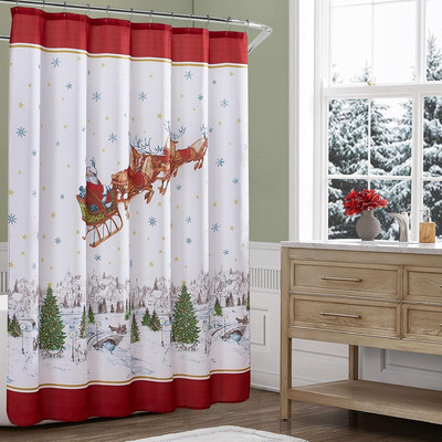 Cortina De Ducha Para Baño Poliester Navidad Santa Blanco