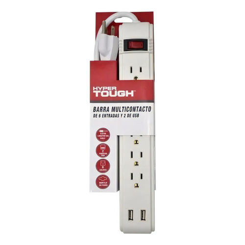 Multicontacto Hyper Tough Barra De 6 Entradas + 2 Usb Beige 