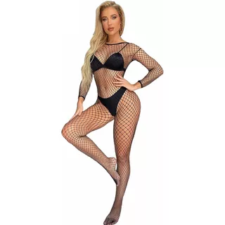 Enterizo Manga Larga Malla Mujer Lenceria Baby Doll Abertura