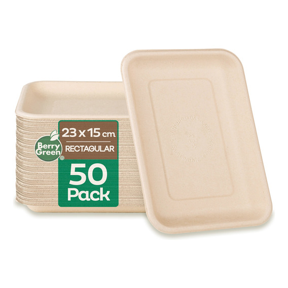 50 Charolas Desechables Rectangular Plato Biodegradable Liso
