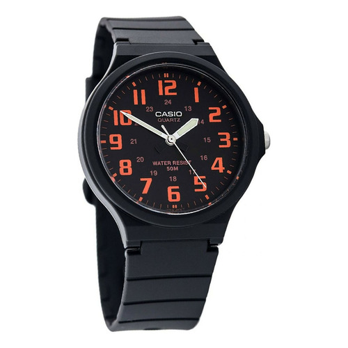 Reloj de pulsera Casio Youth MW-240-1B2 de cuerpo color negro, analógico, para hombre, fondo negro, con correa de resina color negro, agujas color blanco y negro y verde, dial naranja, minutero/segundero naranja, bisel color negro y hebilla simple