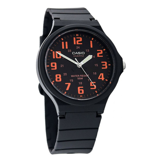 Reloj de pulsera Casio Youth MW-240-1B2 de cuerpo color negro, analógico, para hombre, fondo negro, con correa de resina color negro, agujas color blanco y negro y verde, dial naranja, minutero/segund
