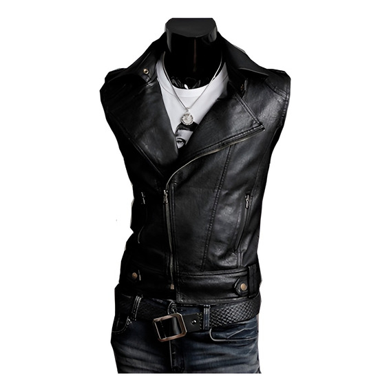 Chaleco De Piel Rockero Cruzado Hombre Motociclista Slim Dc1