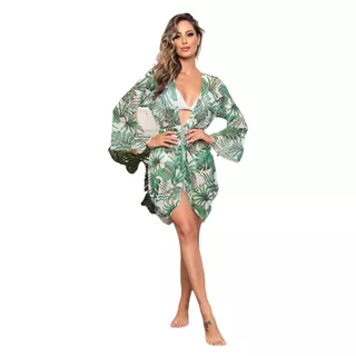 Saída De Praia Feminino Vestido Estampado Tule Plantas