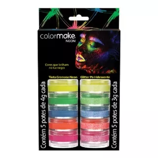 Kit Maquiagem Neon Tinta Blush Cremoso E Glitter Pó 5 Cores