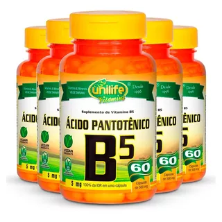 Kit 5 Vitamina B5 Ácido Pantotênico 60 Cápsulas Unilife Sabor Sem Sabor