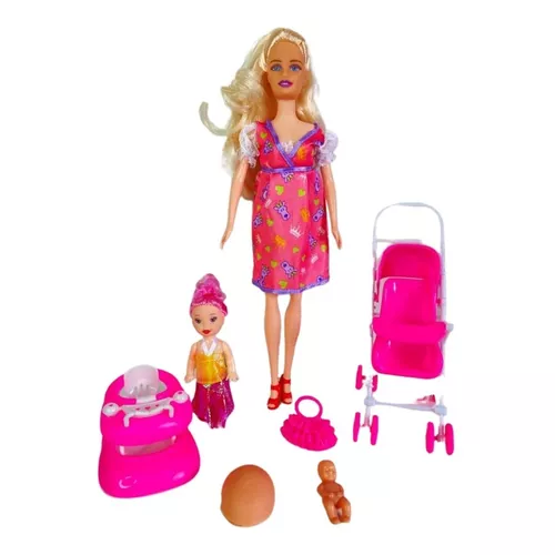 Boneca Estilo Barbie Grávida Articulada + 3 bebês!