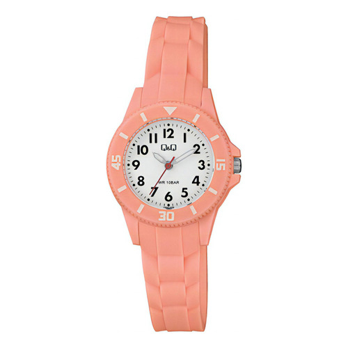 Reloj Q&q Análogo Pulsera De Dama Sumergible 100mts Color De La Correa Naranja Claro Color Del Fondo Blanco