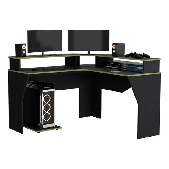 Escritorio Gamer Invictor, Wengue Y Verde, Virtual Muebles Color Negro