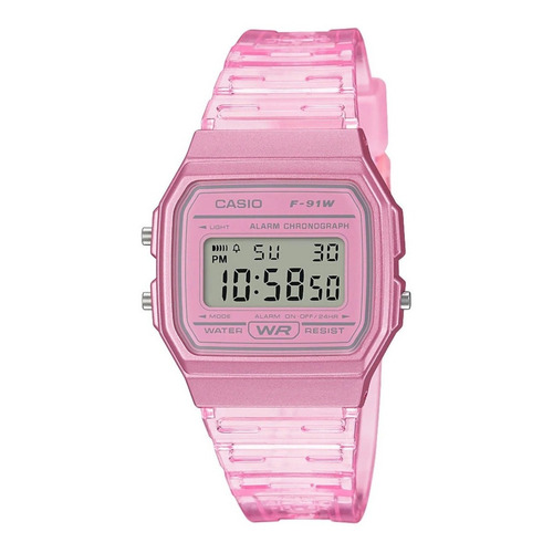 Reloj de pulsera Casio Collection F-91 de cuerpo color rosa, digital, unisex, fondo gris, con correa de resina color transparente y rosa,