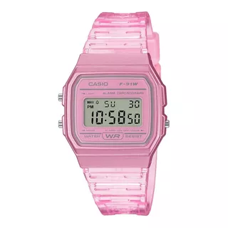 Reloj Pulsera Casio Collection F-91wg-9qdf-sc De Cuerpo Color Rosa, Digital, Para Hombre, Fondo Gris, Con Correa De Resina Color Transparente Y Rosa, Dial Negro, Minutero/segundero Negro, Bisel Color 