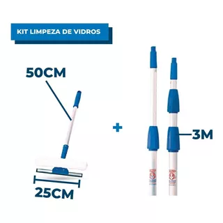 Kit Limpa Vidros Com Rodo 25cm E Extensor 3m + Cabo 50cm