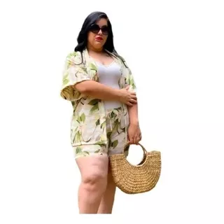 Conjunto Plus Size Feminina (kimono+shorts)  Estampas Floral