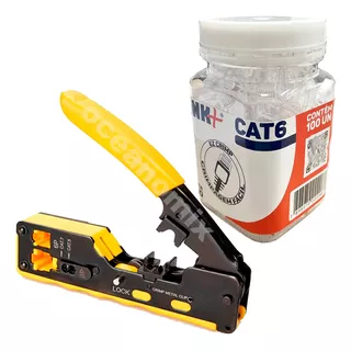 1 Alicate De Crimp + 100 Rj45 Vazado Cat6 Utp Blindado Pote