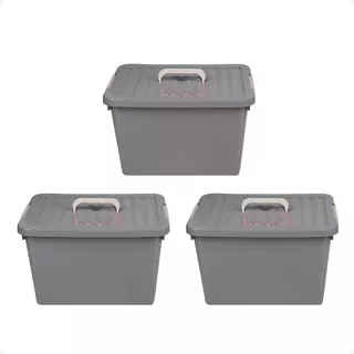 Kit X 3 Caja Organizadora Plastica Apilable Grande Gris Tapa