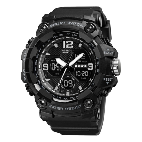 Reloj Militar Digital Burk 1742 Alarma Cronometro Luz ! Color de la malla Negro