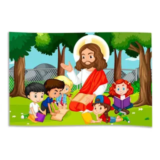 Painel Em Lona Jesus Com As Crianças 100cm X 65cm Decoração