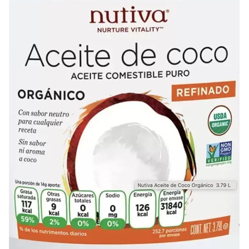 Aceite Orgánico De Coco Refinado 100% Puro, Nutiva