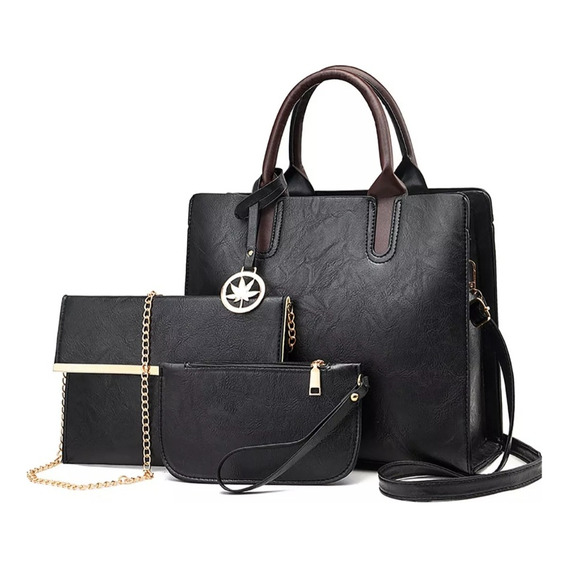 Set 3 Bolsas Para Mujer Cuero Pu Impermeable Tote Elegante Color Negro Diseño De La Tela Liso