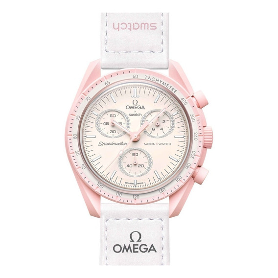 Reloj de pulsera Omega x Swatch Bioceramic moonswatch Mission to Venus de cuerpo color rosa, analógico, fondo rosa, con correa de velcro color blanco, agujas color rosa y blanco, dial blanco y plata, 