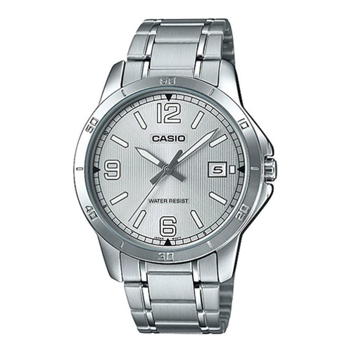 Reloj pulsera Casio MTP-V004 con correa de acero inoxidable color plateado - fondo gris