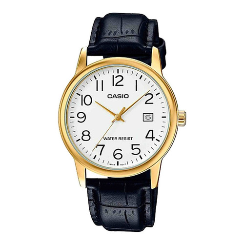 Reloj pulsera Casio Enticer MTP-V002 de cuerpo color dorado, analógico, para hombre, fondo blanco, con correa de cuero color negro, agujas color dorado, dial negro, minutero/segundero negro, bisel color dorado y hebilla simple