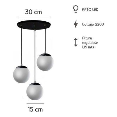 Colgante 3 Luces Globo Opal 15cm Negro Moderno Apto Led E-27