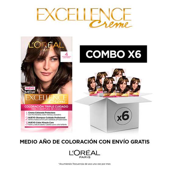 L'oréal Excellence Creme Tono 4 Castaño Pack x6