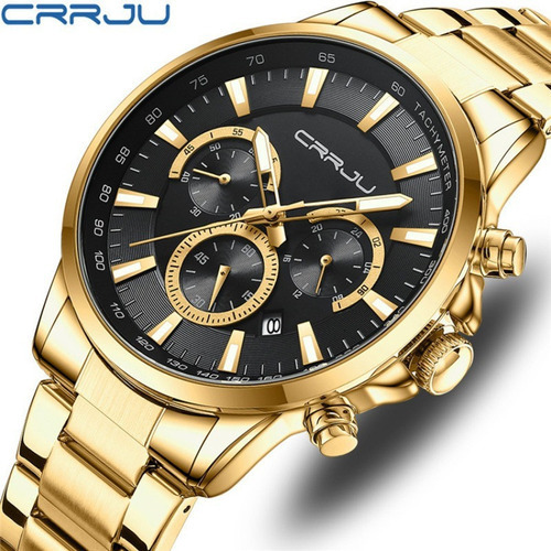 Relojes impermeables de lujo Crrju Chronograph con correa dorada