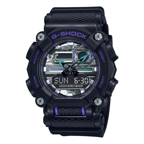 Reloj Casio G-shock Ga-900as-1a Sumergible Alarma Antigolpes Color de la malla Negro Color del bisel Violeta Color del fondo Plateado